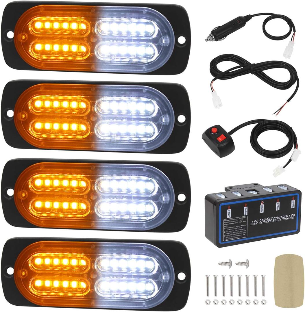 LINKITOM 4pcs Ultra Slim Sync Feature 24-LED Car Truck Surface Mount Emergency Hazard Warning Strobe light (Amber&White)