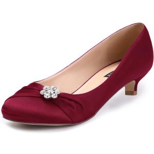 ERIJUNOR Women Closed Toe Comfort Kitten Heels Rhinestones Satin Wedding Evening Dress Shoes (11, Burgundy)