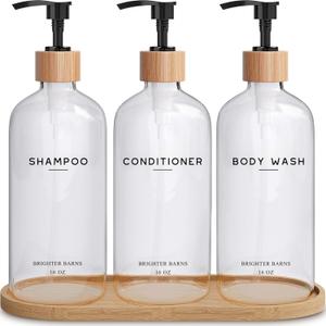 Clear Shampoo and Conditioner Dispenser Set by Brighter Barns - Refillable Plastic Shower Dispenser for Bathroom - Shampoo Bottles & Tray - Modern Bathroom Accessory for Hotel, Vacation Rental (Clear)