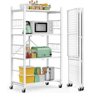 Himix Storage Shelves with 20 Hooks, 4-Tier Foldable Shelves for Storage, Folding Shelf Unit Pantry Shelves with Wheels, Metal Shelving Storage Rack Shelf for Kitchen Garage Home, White - No Assembly
