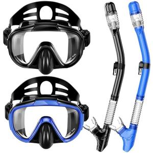 Snorkeling Gear for Adults, Dry Top Snorkel Set with Panoramic Anti-Leak and Anti-Fog Tempered Glass Lens, Adjustable Snorkeling Set for Scuba Diving Swimming Training Snorkel Kit