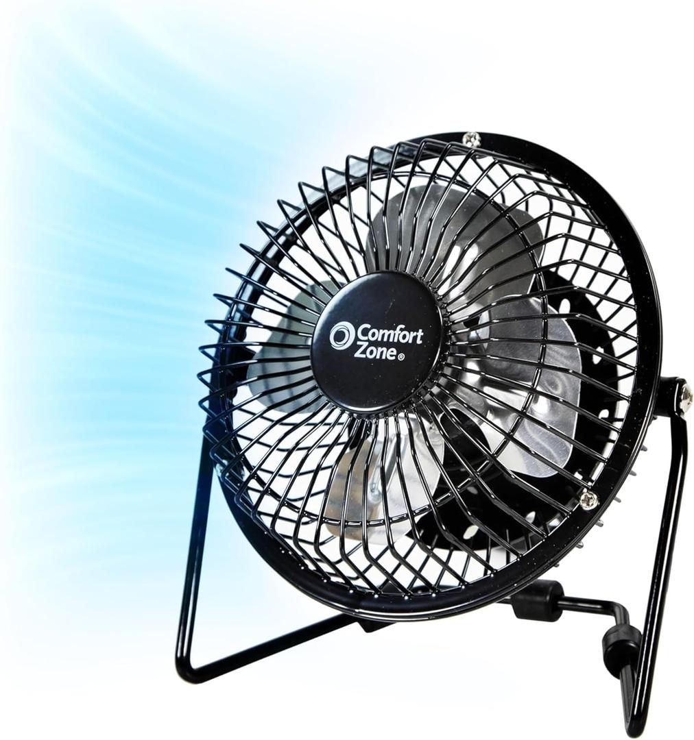 Comfort Zone 4-inch All-Metal Desk Fan with USB or Power Cord, Single Speed, 360 Degree Adjustable Tilt, Compact & Durable Mini Electric Fan for Home, Office or Travel Use, Black
