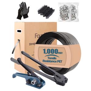 FoundGo PET Banding Strapping Kit for Heavy Duty Durable Pallet Packaging Strapping Tool with >1500lbs 5/8" x 1000' PET Strapping Roll & its own Pull-Out Box 100 Corner Protectors 300 Seals-Blue Gray (1000FT, Grey Black)
