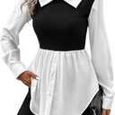 MakeMeChic Women's Color Block Rib Knitted Collar Long Sleeve 2 in 1 Shirt Blouse Peplum Tops Black and White, Small