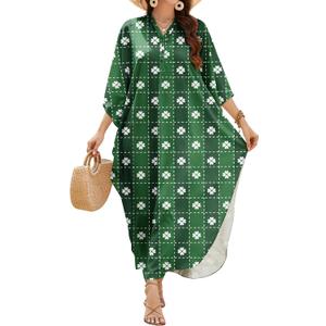 MAKABO Kaftan Dresses for Women Caftans Moo Moos V Neck Beach Swimsuit Cover Up Boho Hawaii Maxi Dress (Small-Medium, St Patricks Grid)