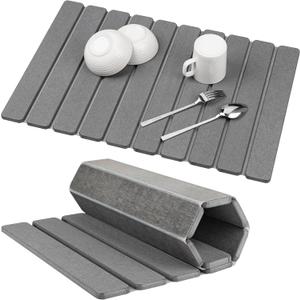 Stone Drying Mat for Kitchen Counter, 24"x16" Large Dark Gray Foldable Diatomaceous Earth Mat, Quick-Dry Super Absorbent Stone Dish Drying Mat for Dishes Bottles Cups