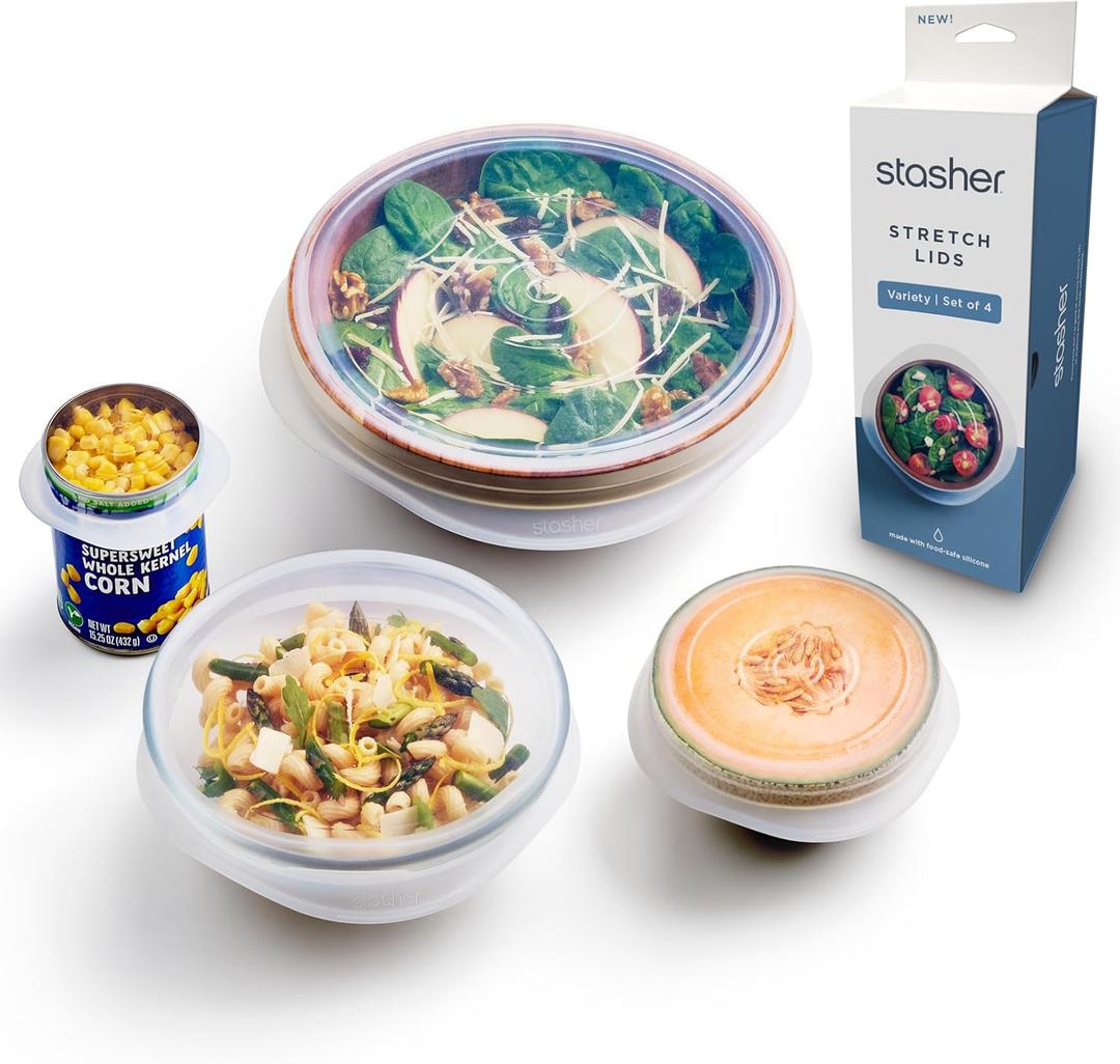 Stasher Premium Reusable Silicone Stretch Lids, Clear, Lids, Airtight Seal, Food Container Covers, BPA Free, Leak-free, Dishwasher Safe, Microwave Safe, Eco-Friendly (Variety 4-Pack)