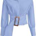 OYOANGLE Women's Button Down Pleated Shirts Stand Collar Long Sleeve Cropped Tops Dressy Casual Blouses S