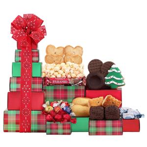 Wine Country Gift Baskets Festive Tower of Treats (Tall and Narrow Tower)