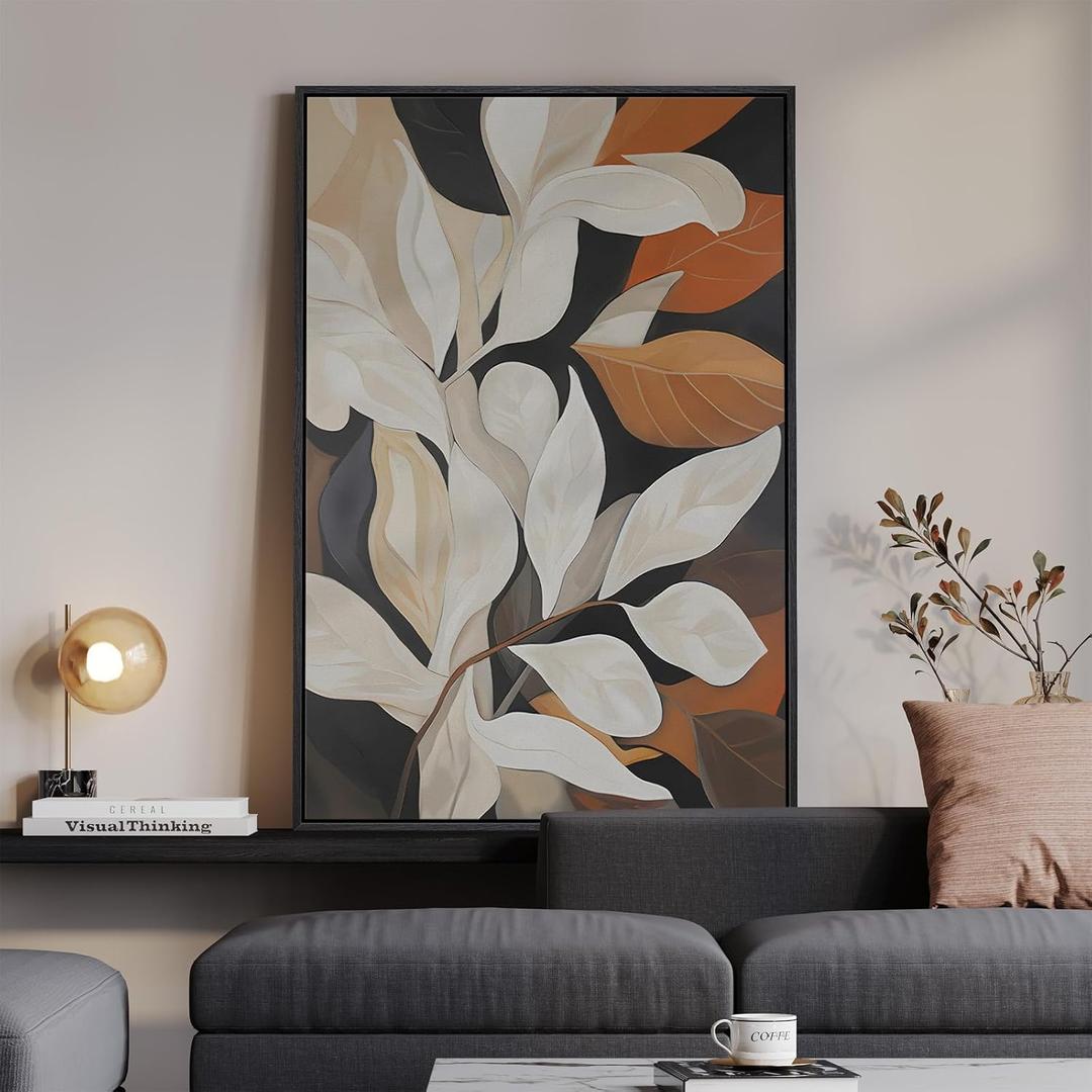 Framed Boho Botanical Wall Art for Living Room, Vertical Neutral Beige Floral Leaf Canvas Artwork for Walls, Organic Modern Terracotta Pictures Print Wall Art Decor for Bedroom Hallway, 24x36 Inch