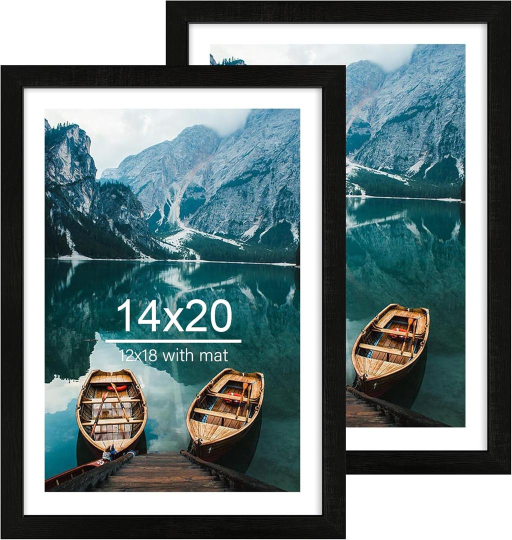 14x20 Picture Frame Set of 2, Rustic Black Wood Style - Display 14 x 20 Picture without Mat or 12x18 Picture with Mat, Wall Mounting Horizontal and Vertical