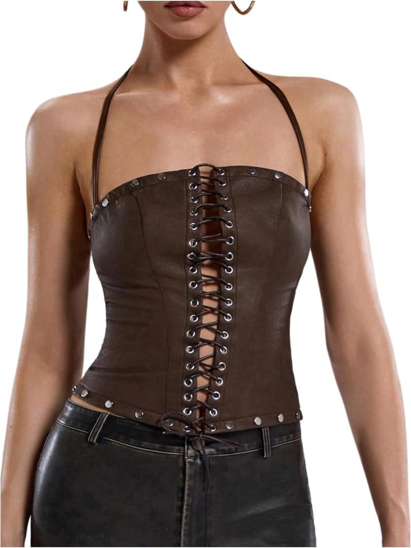 WDIRARA Women's PU Leather Lace Up Halter Top Vintage Western Sleeveless Backless Camisole Tops, Small