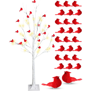 Riceshoot 25 Pcs 47.24 Inches LED Lighted Birch Tree with 24 Christmas Cardinal Birds Ornament Red Artificial Birds with Clip Lighted Birch Tree Christmas Table Centerpiece for Xmas Home Decoration