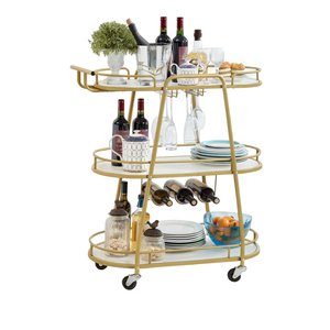 J-yaamiZz Gold 3 Tiers Bar Cart, Home Bar Serving Cart on Lockable Wheels, Rolling Alcohol Cart with Guardrail Wine Rack, Modern Wine Cart for Home Kitchen Dining, Living Room, Medium