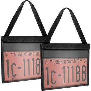 Frienda 2 Pieces License Plate Holder with Hanging Strap Dealer Plate Holder Test Drive Tag Bag Black Frame Cover and Bracket for Car SUV Truck