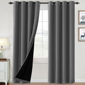 H.VERSAILTEX 100% Blackout Curtains for Bedroom Thermal Insulated Blackout Curtains 96 inch Length Heat and Full Light Blocking Curtains for Living Room with Black Liner 2 Panels Set, Grey, 52"W x 96"L