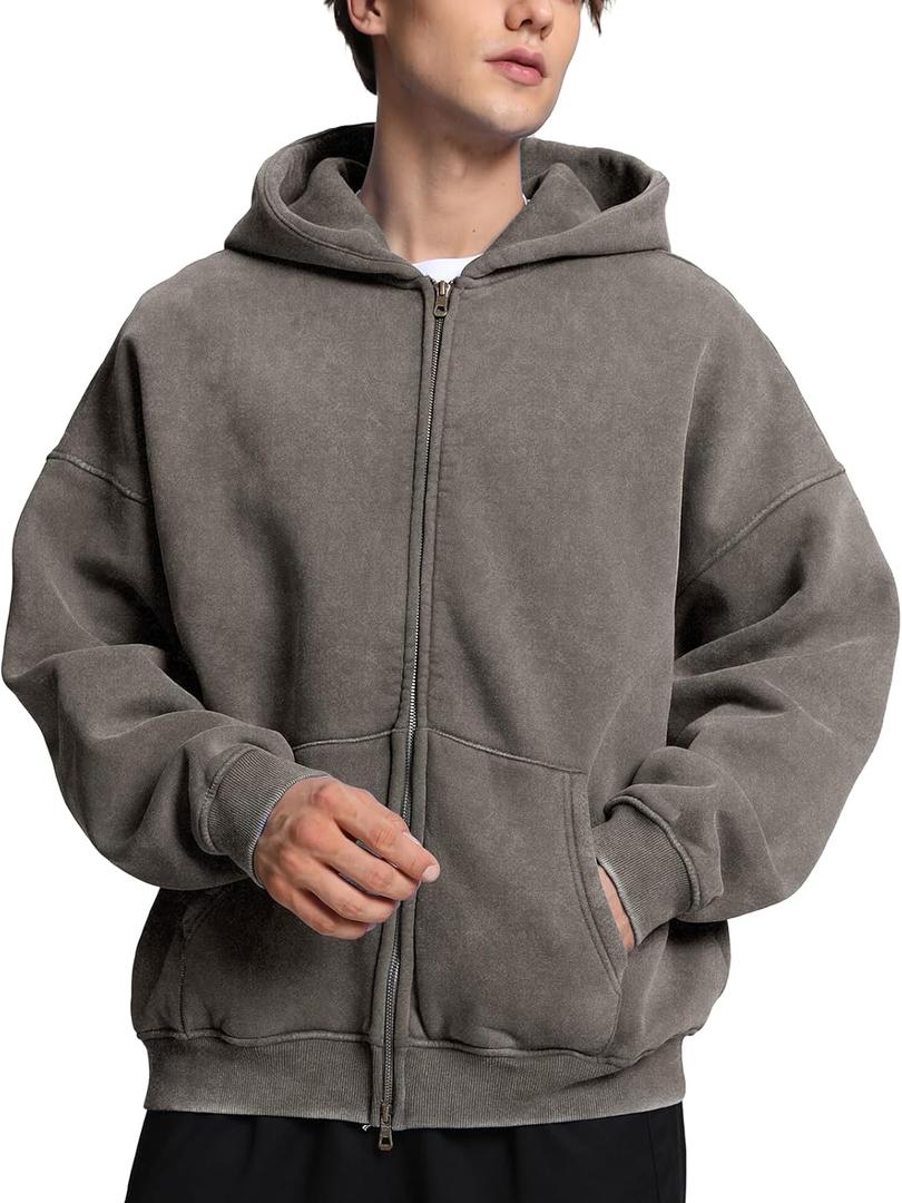 FAIABLE Mens Womens Double Zip Up Hoodie Oversized Acid Wash Heavyweight Fleece Cotton Zipper Hoodie Vintage (Medium, Grey)