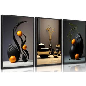 3 Pcs Black Abstract Wall Art Modern Still Lifes Ceramic Wall Deco Pictures orange Black Shape Canvas Posters Prints for Living Room Bedroom Bathroom Home Decoration Unframed (12x16in)