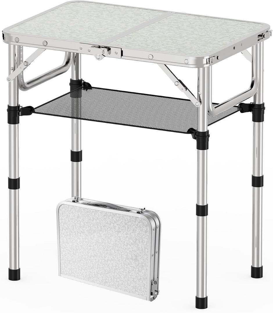 YihuiKo Folding Camping Table, Aluminum 24" x 16" Adjustable Height Max 27.5" with Carrying Handle, Lightweight, Portable Camping Table for Outdoor Indoor Picnic Beach, Silver