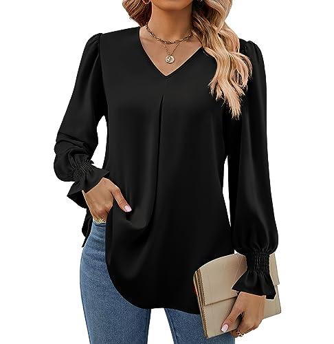 Funlingo 2026 Long Sleeve Shirts for Women Dressy Causal Clothes V Neck Chiffon Tunic Top Loose Trendy Work Business Blouses Black S