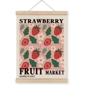 MAQIKA Fruit Market Strawberry Poster Framed with Wood Hanger, Strawberry Wall Decor, Funky Fruit Hanging Wall Decor, Modern Pink Canvas Wall Art for Kitchen Kids Bathroom Girl Room 12x16 Inch