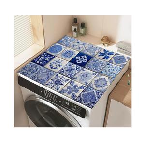 Blue Mexican Tile Washer and Dryer Top Protector Mat, Non Slip Washing Machine Cover, Thickened & Dust Proof & Quick Drying Cover for Home Laundry Kitchen