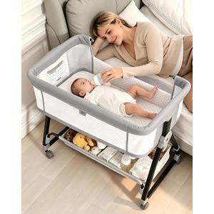 Baby Bassinets Bedside Sleeper with Wheels and Mattress, Cosleeping Baby Bed with Storage, Co-Sleeper Bassinet Attach to Bed, Bed Side Crib with Breathable Mesh, Height Adjustable(Gray), 35.4‘’L*21.7''W*28''-32.7''H