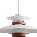 Modern Decor Adjustable Pendant Lamp Kitchen Island, Aluminum and Wood Finish,1-Light E26 Base Ceiling Hanging Light for Dining Room Shop Restaurant (White+Dark Wood Grain, 35cm)