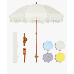 MFSTUDIO 7ft Patio Beach Umbrella with Fringe, Tassel Umbrellas with Sand Anchor & Tilt Button, Holiday Outdoor Umbrella with Carry Bag