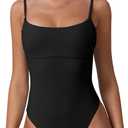 QINSEN Womens Seamed Cup Spaghetti Straps One Piece Bathing Suits Tummy Control Cheeky Swimsuit (Small, Black)