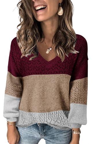 JOCAFIYE Womens Sweaters 2025 Cute Elegant Soft V-Neck Long Sleeve Hollow Knit Pullover Tops for Women Splice Wine Red Size M