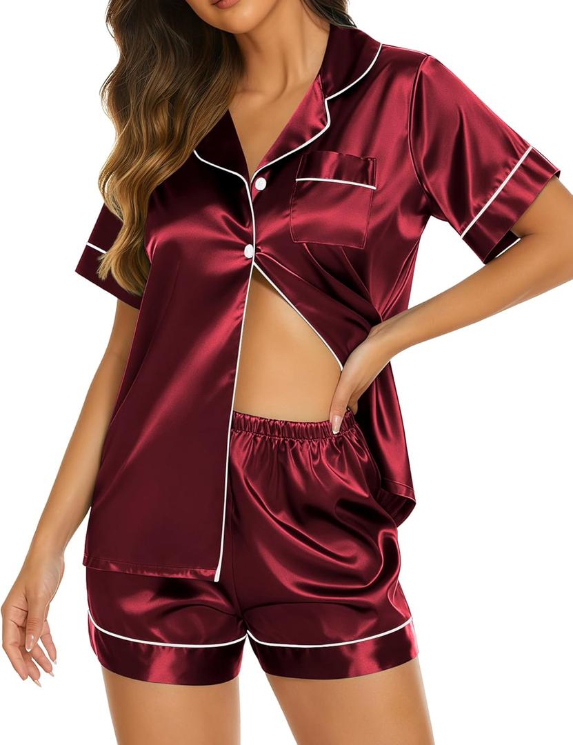 Ekouaer Silk Pajamas for Women Short Sleeve Sleepwear Soft Button Down Loungewear 2 Piece Satin Pjs Shorts Set (X-Large, Wine)