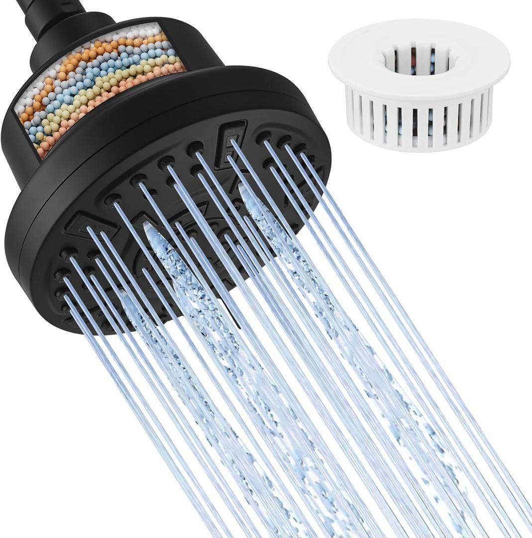 Matte Black Filtered Shower Head High Pressure 7 Modes Shower Heads with Filter for Hard Water Adjustable Replacement Remove Chlorine and Harmful Substances, ABS