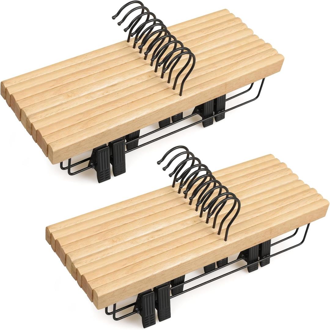 TOPIA HANGER Pants Hangers 20 Pack, Wooden Clothes Hangers with Black Clips and Rotatable Hook, Durable Natural Rubber Wood Hangers for Skirts, Pants, Jeans, Shorts - CTS05N