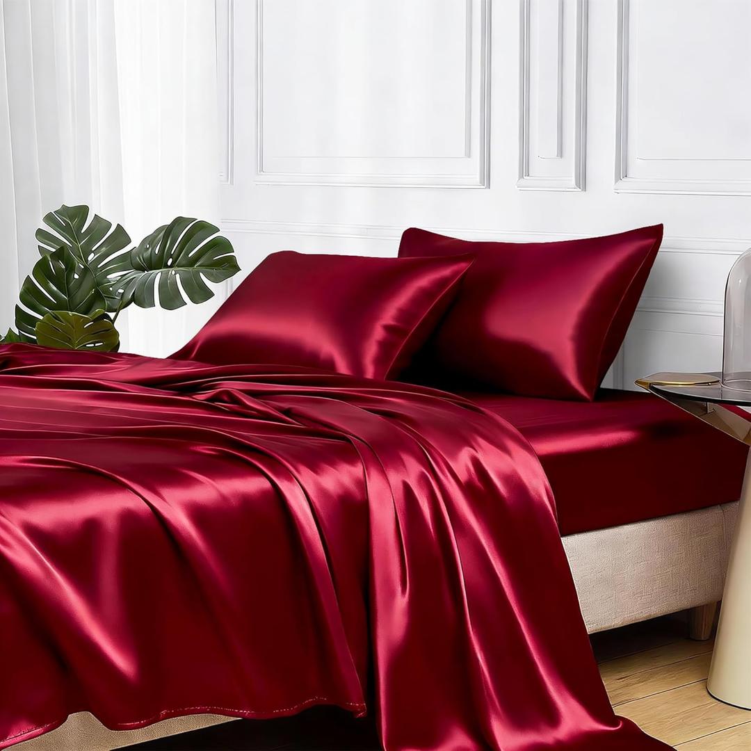 MR&HM Satin Bed Sheets, Queen Size Sheets Set, 4 Pcs Silky Bedding Set with 15 Inches Deep Pocket for Mattress (Queen, Burgundy)