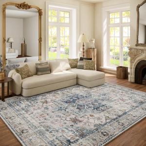 6x9 Area Rugs for Living Room: Washable Bedroom Rug Boho Vintage Rugs Stain Resistant Non Slip Low Pile Soft Lightweight Carpet for Kitchen Dining Room Farmhouse Nursery Kids Room Home Office, Blue and Cream