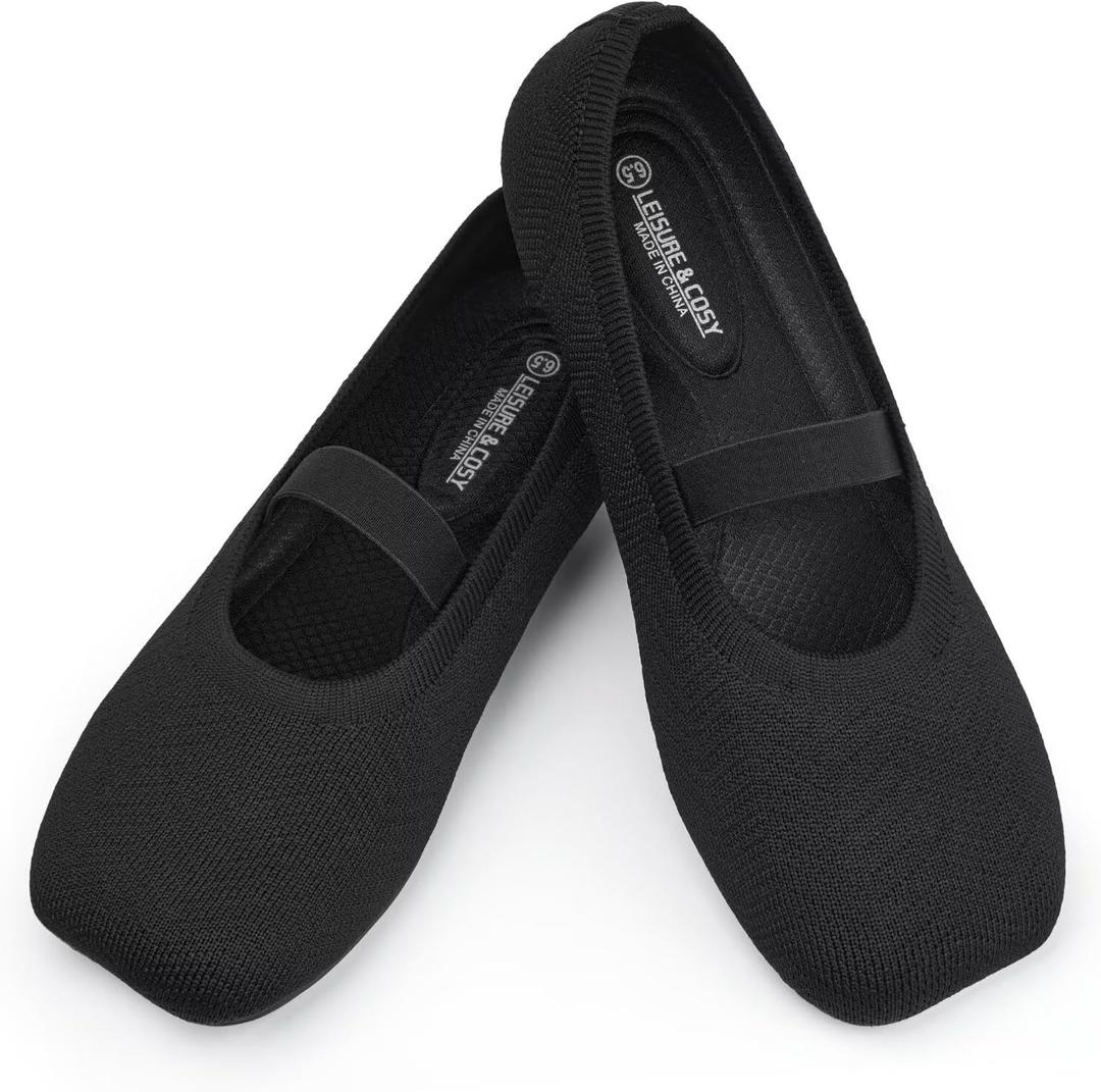 ZUXYAFU Women's Wide Toe Box Flats Shoes Knit Mary Jane Ballet Flats Comfort Casual Ballerina Walking Dressy Slip-on Shoes with Strap, 046 Black 7 US