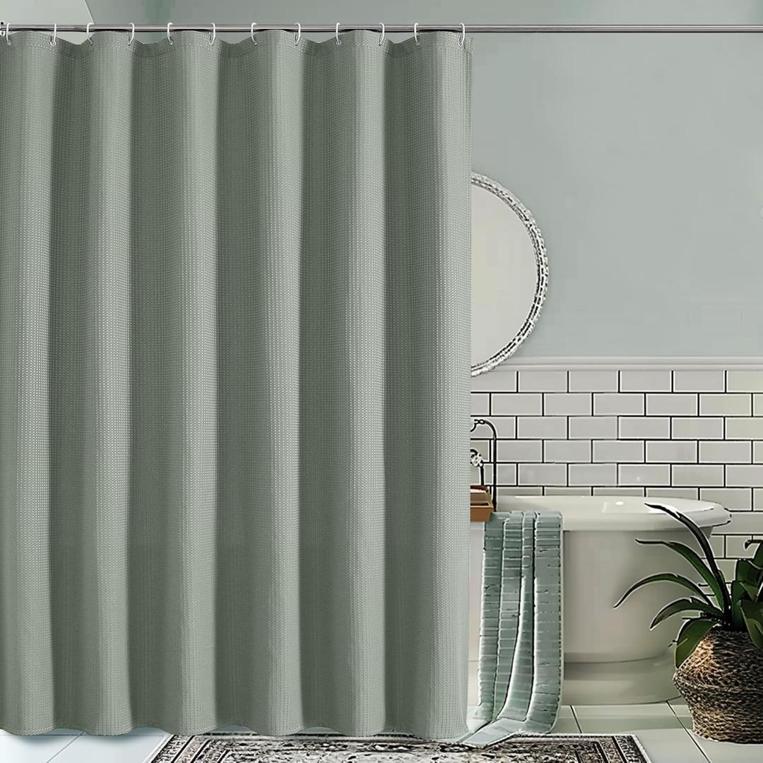 OVZME Extra Long Shower Curtain Set- 96 Inch Long Waffle Weave Heavy Duty Fabric Shower Curtains for Bathroom, Luxury Heavy Duty Thick Cloth Shower Curtain with 12 Plastic Hooks, 72x96, Sage Green