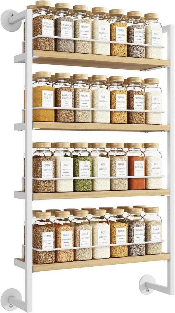 IBUYKE Spice Rack Wall Mount,4 Tier Hanging Seasoning Organizer,Spice Rack for Wall for up to 50 Jars,Spice Organization for Kitchen Cabinet,Living Room,Bathroom,Pantry,Natural TLJ016R (White)