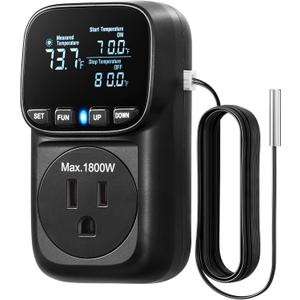 DEWENWILS Digital Temperature Controller, Heavy Duty 15A/1800W Thermostat Outlet Plug, VA Display Heating Cooling Control Timer, -40~210, Cyclic Timing/Countdown, for Greenhouse Incubator, Black