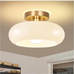 Gold Semi Flush Mount Ceiling Light,11inch Mid Century Modern Light Fixture,Hallway Lighting Fixture with Milk White Glass Shade,Vintage Ceiling Lamp for Kitchen,Porch,Entryway,Closet,Bedroom