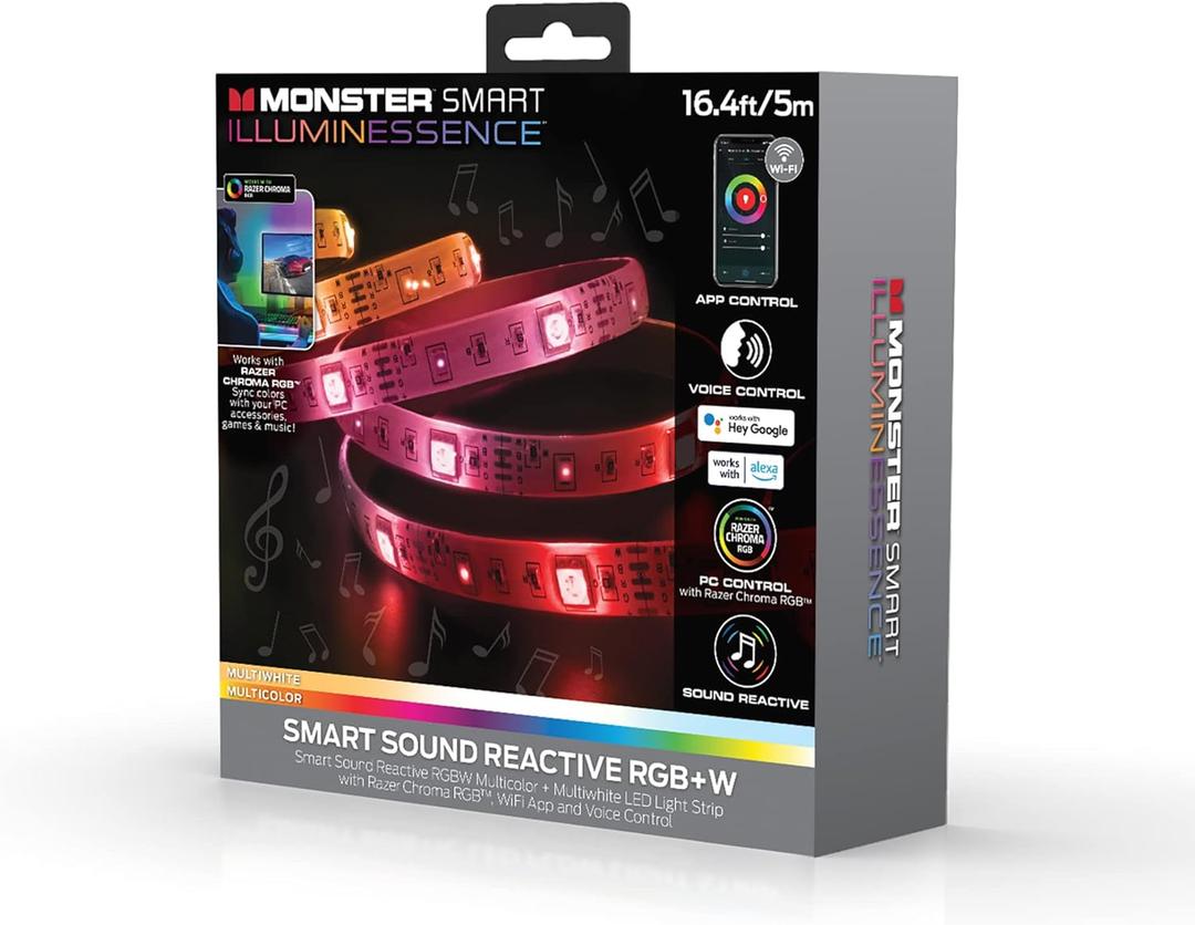 Monster LED 16.4ft Smart Sound Reactive Multi-Color Multi-White Indoor LED Light Strip with Mobile App Control, Xtreme Easy Assembly
