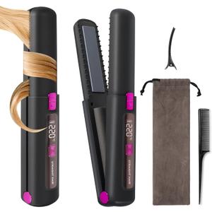 Cordless Hair Straightener, 2 in 1 Ceramic Flat Iron and Curler with Hairpin, 6 Levels of Temperature Adjustment, 4500mAh Battery, Type-C Charging, Portable Hair Straightener for Travel (Black)