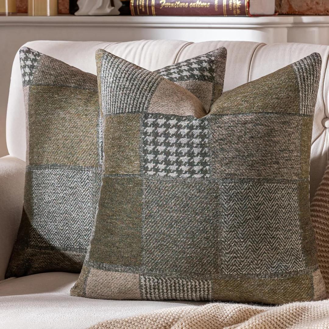 AmHoo Set of 2 Throw Pillow Covers Woolen Patchwork Checkered Farmhouse Decorative Square Pillows Cover Pillowcase for Sofa Couch Bed 18 x 18-Inch Green