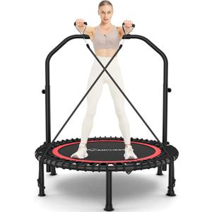 ANCHEER 40"/48" Foldable Mini Trampoline,Max Load 450lbs/550lbs Indoor Trampoline,with 4 Level Adjustable Foam Handle and Resistance Bands,Adult Exercise Trampoline for Home, Garden, and Gym (Red)