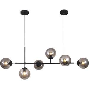 KCO Lighting 6-Light Mid Century Modern Rectangle Sputnik Chandelier Black Farmhouse Linear Chandelier Glass Globe Pendant Light Vintage Kitchen Island Lighting (Black+Smoke Gray)