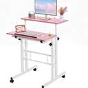 VECELO Small Mobile Standing Desk 24 Inch, Adjustable Height Portable Stand Up Desk with Wheels Computer Workstations, Rolling Laptop Cart, Pink (2 Separate Panel)