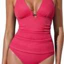 SUUKSESS Women Sexy Halter Tummy Control Tankini High Waisted Backless Swim Suit Deep V Neck Gold Ribbed Bathing Suits Slimming Push Up 2 Piece 2025 Swimsuit (Gold Hot Pink, X-Large)