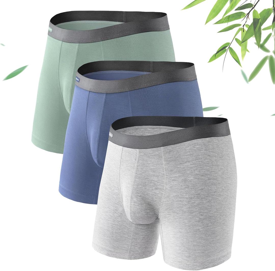 DAVID ARCHY Mens Underwear Wicking-Moisture Cooling Rayon Made From Bamboo Boxer Briefs with Support Pouch Fly 3 Pack (XX-Large, Gray/Moolight Blue/Pale Green - 6.5")