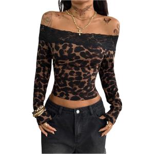 SHENHE Women's Off The Shoulder Leopard Top Lace Long Sleeve Slim Fit Y2k Going Out Crop Top (Medium, Brown)